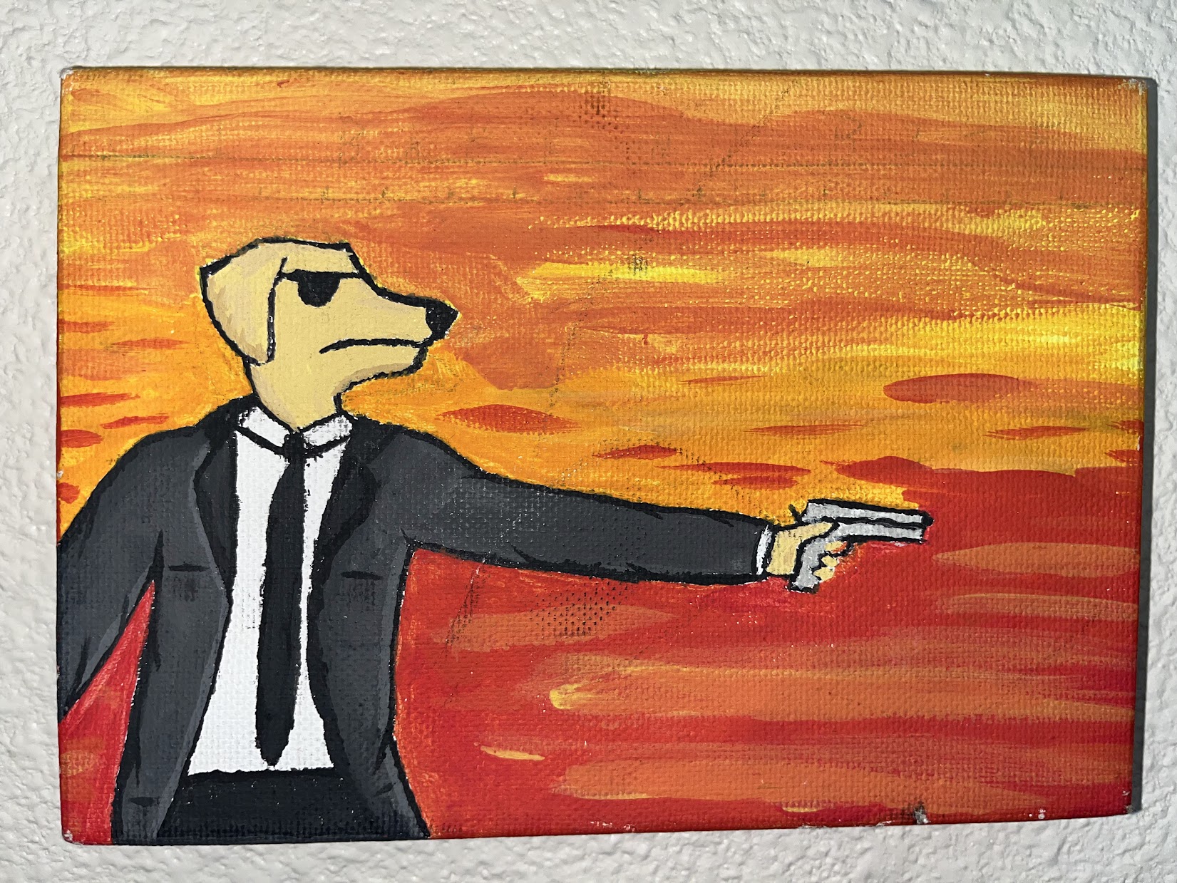 A yellow lab dressed like Julian from pulp fiction, pointing a semi automatic handgun infront of a firey blaze.