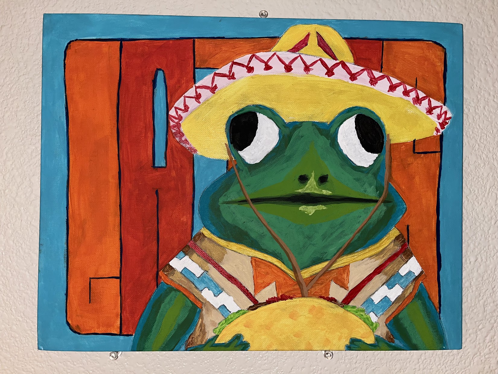 A mexican from fasioning a sombrero and poncho, wielding a taco, infront of a cyan background with 'GATOS' in warm letters.